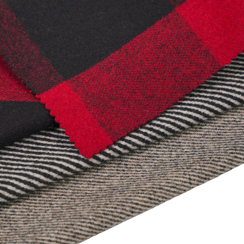 50% Wool, 40% Polyester, 10% Other Fiber, 760G/M, Black And Red Plaid, Melton Fabric, ML-3010354